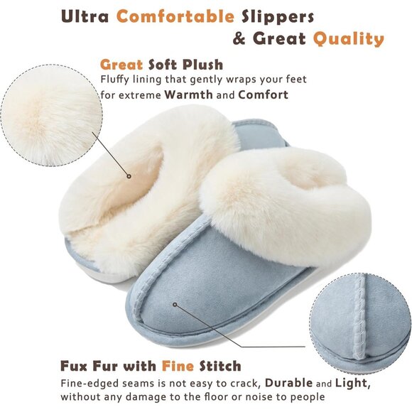 Women's Light Blue Fluffy Cozy Winter Warm Memory Foam Slip On Slippers Shoes - Picture 4 of 7